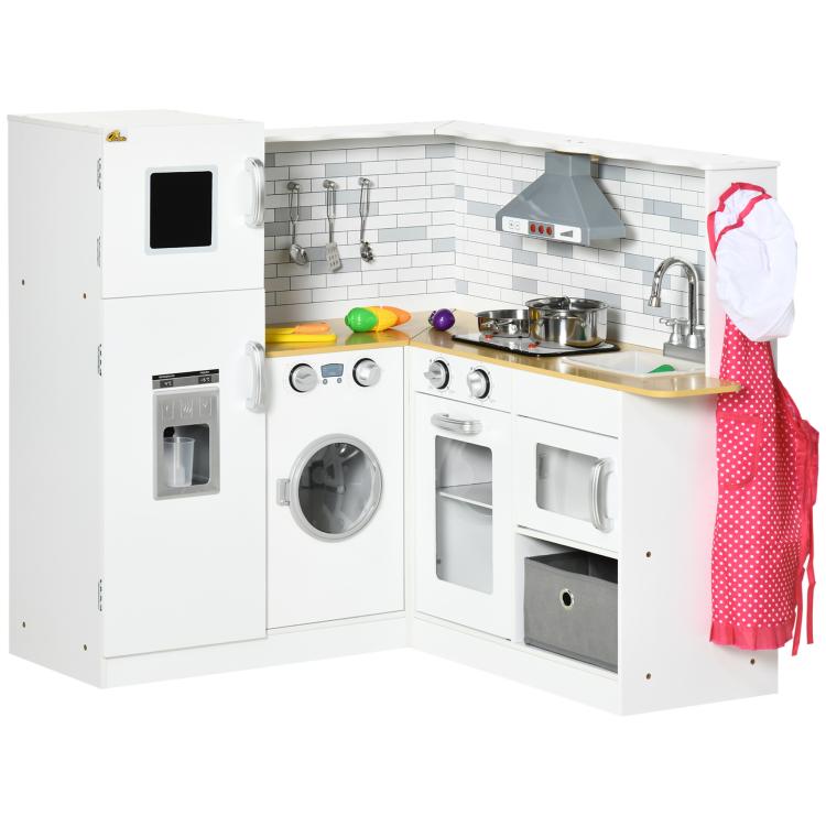 Kids wooden play kitchen set with sink, stove, oven, and front-loading washer