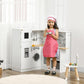Kids play kitchen set in white with opening doors and sink area, with a child wearing a hat