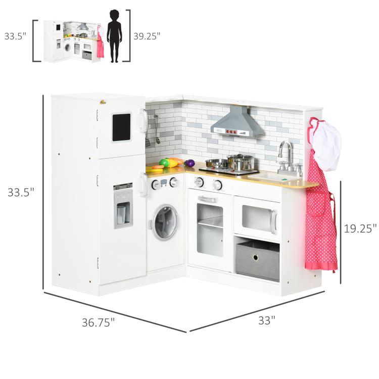 Corner kids play kitchen set with dimensions shown; white cabinet with stove, sink, and washing machine