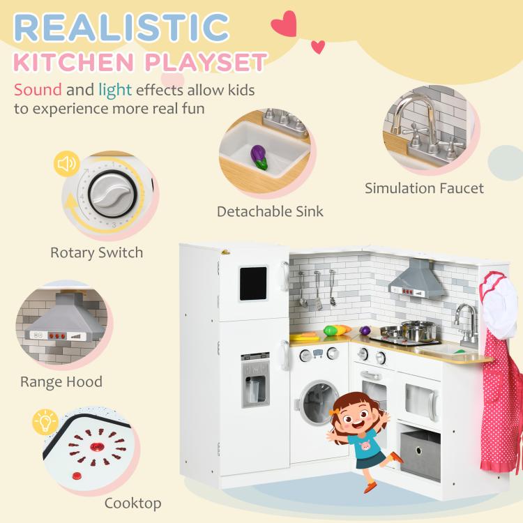 White kids play kitchen set with detachable sink, rotary switch, and simulated faucet
