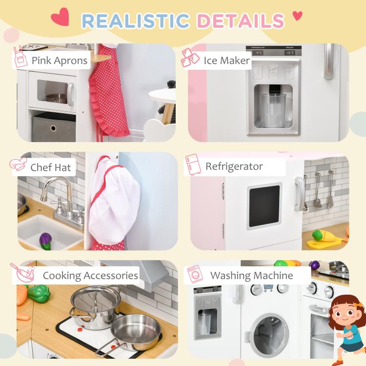 White kids play kitchen set with pink apron accessory and mini ice maker and refrigerator details