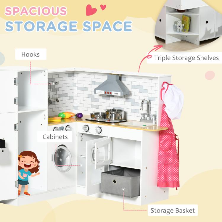 White kids play kitchen corner unit with cabinets, storage basket, hooks, and triple shelves