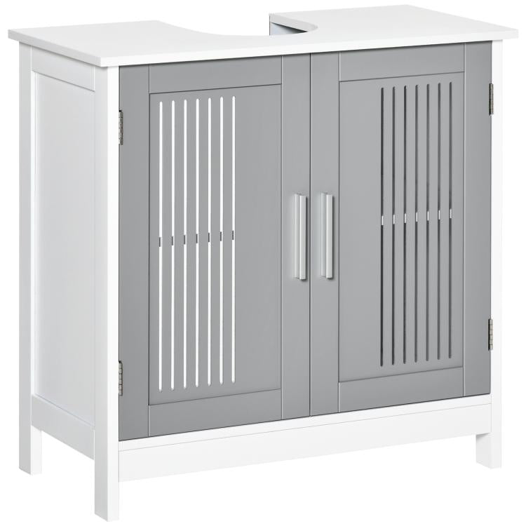 Grey and white under-sink pedestal storage cabinet with two slatted doors