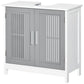 Grey and white bathroom pedestal storage cabinet with two slatted cabinet doors