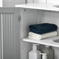 Grey and white bathroom pedestal cabinet with open shelf and towel storage