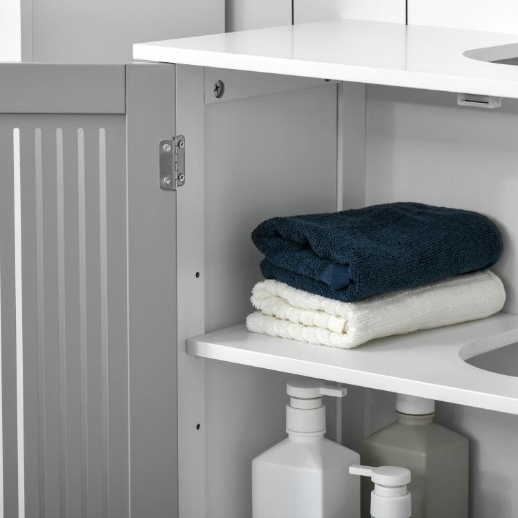 Grey and white bathroom pedestal cabinet with open shelf and towel storage