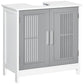 Grey and white bathroom pedestal cabinet with slatted double doors and center handles