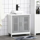 White bathroom vanity cabinet with grey slatted doors and countertop sink
