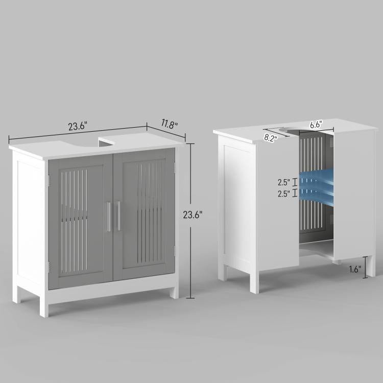 Grey and white under-sink storage cabinet with side doors and open shelf