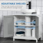 Bathroom vanity cabinet with open adjustable shelves and grey slatted doors