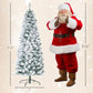 Artificial snow-flocked Christmas tree next to Santa figure for size comparison