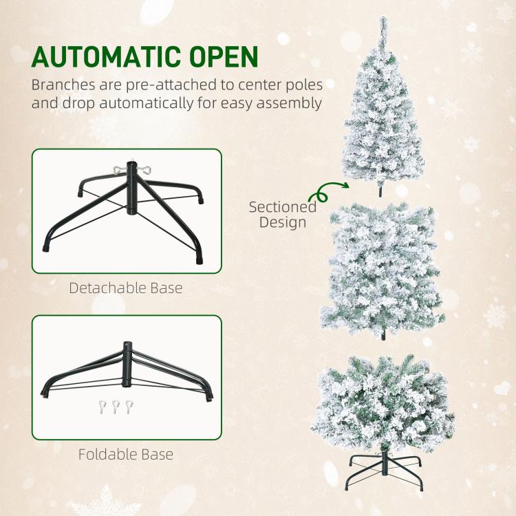 Snow-flocked slim Christmas tree with detachable folding metal base for easy setup