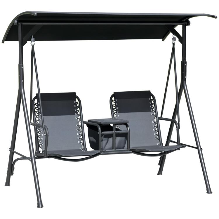 Black 2-person porch swing with canopy and two sling seats plus center storage table