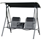 Black 2-person porch swing with canopy, two sling seats, and center drink-holder table
