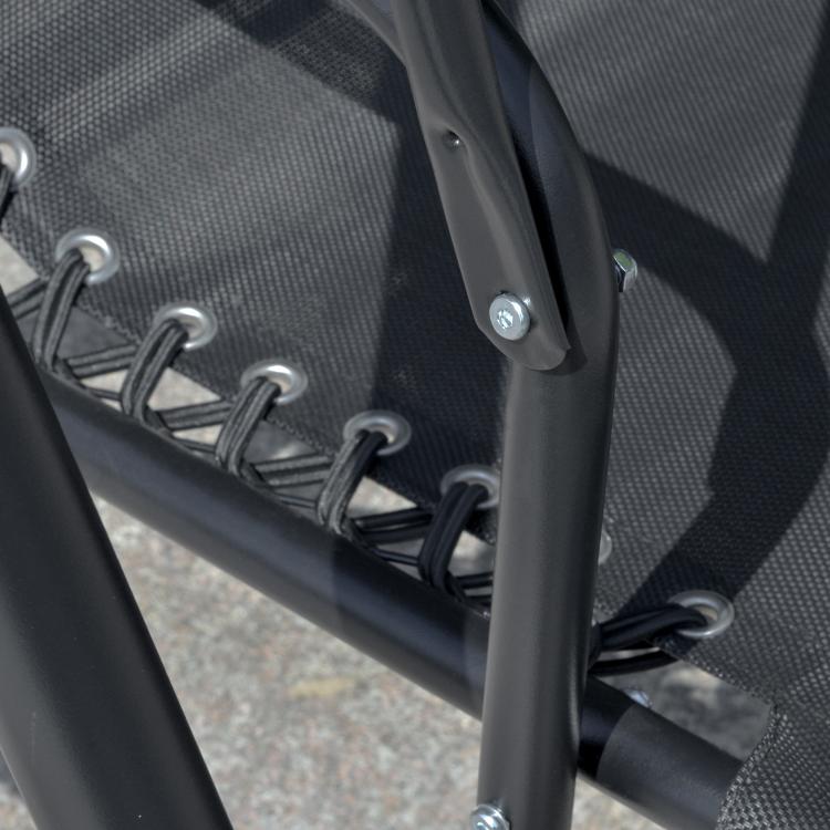Porch swing seat with woven fabric straps and black metal frame hardware
