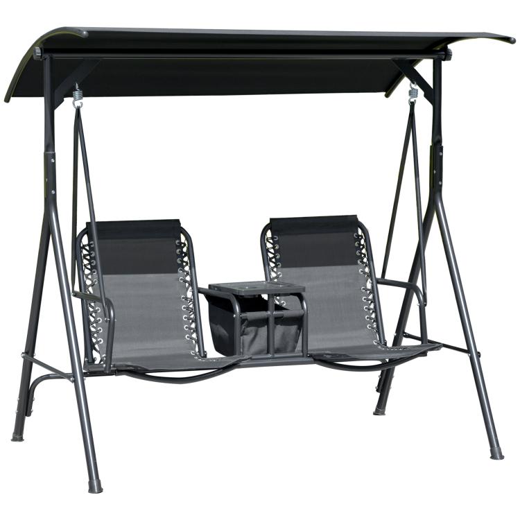 Two-person porch swing with canopy, two mesh seats, and black metal frame