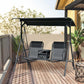 Black 2-person porch swing with canopy and two sling seats on a wooden deck