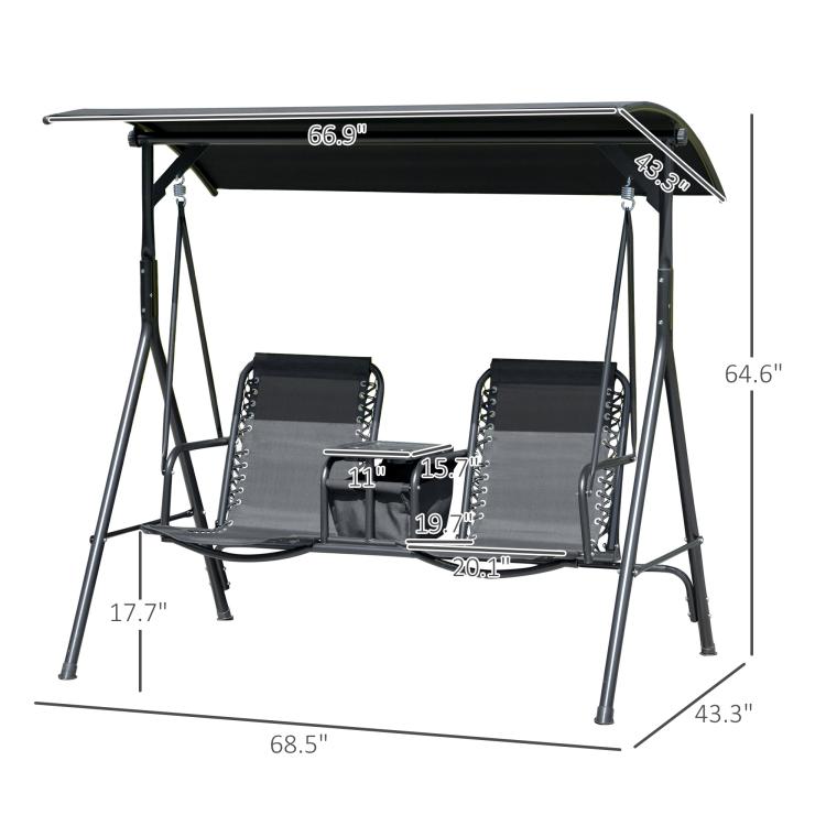 Black 2-person porch swing with canopy and two sling seats with center storage table
