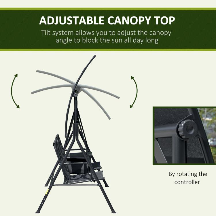 Adjustable canopy top with tilt mechanism on a black 2-person porch swing