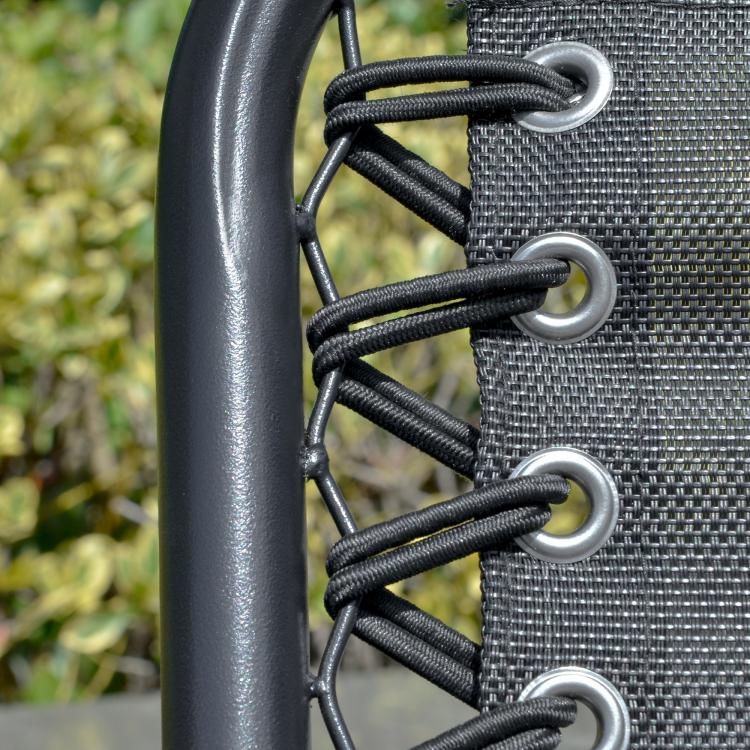 Close-up of black porch swing spring hooks securing the woven sling