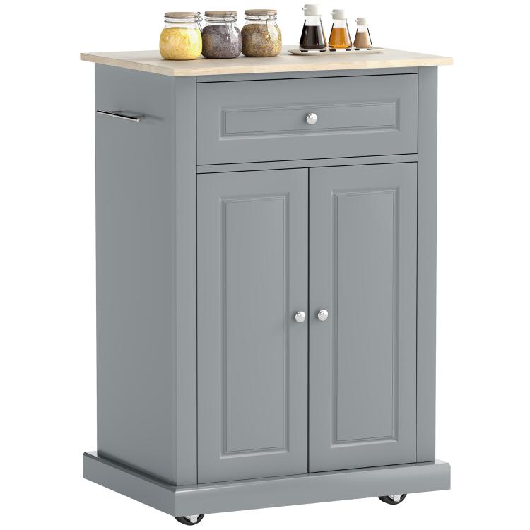 Grey kitchen island cart with drawer and cabinet doors, light wood top, on wheels