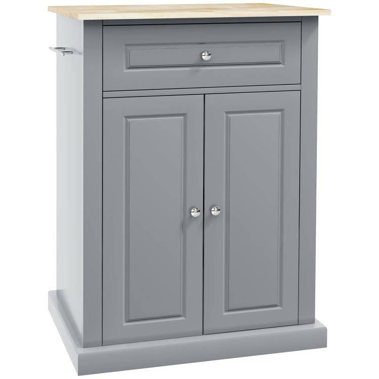 Grey rolling kitchen island cart with drawer and two cabinet doors