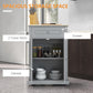 Grey kitchen cart with open cabinet showing shelves, drawer above and towel racks