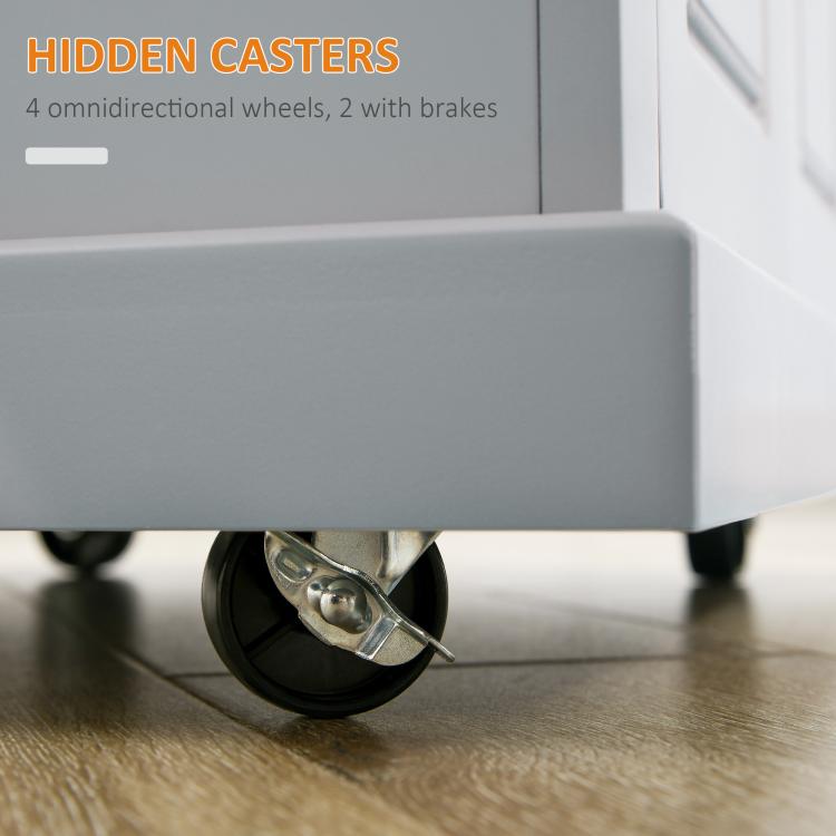Grey kitchen cart corner with hidden caster wheel and brake on the base