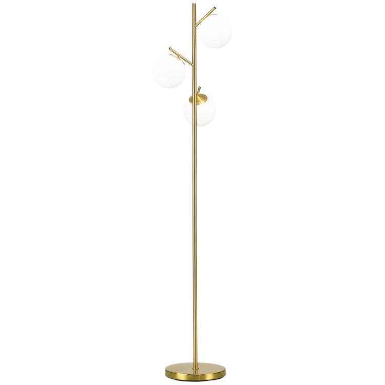 Gold tree-style floor lamp with three white globe glass shades on a tall stand