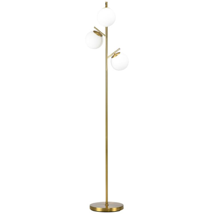 Gold floor lamp with three white globe shades and arched branch stems