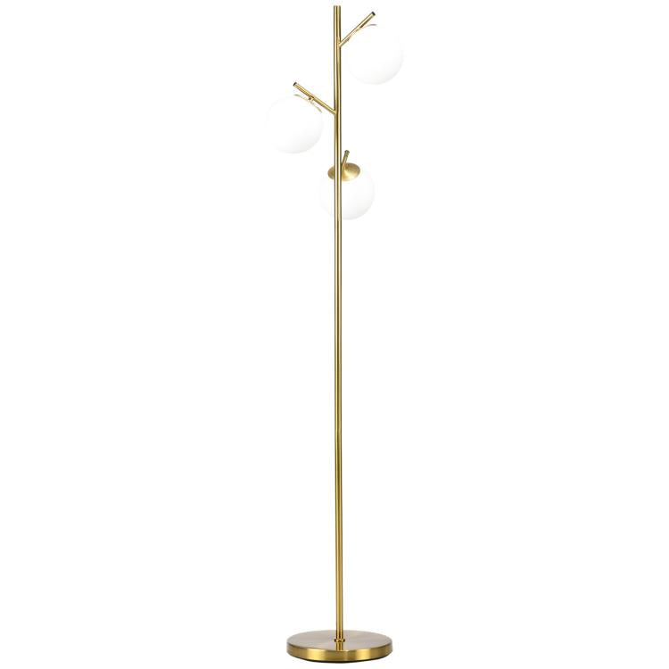 Gold 3-light globe floor lamp with tall pole and three glass shades on base