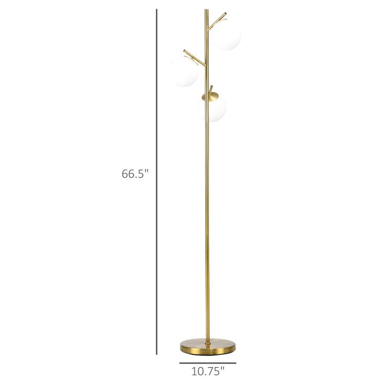 Gold floor lamp with three globe shades, tall slim pole, and round base