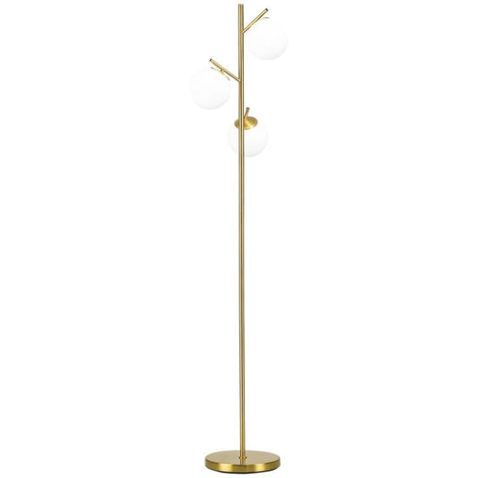Gold tree-style floor lamp with three white globe glass shades on a tall stand