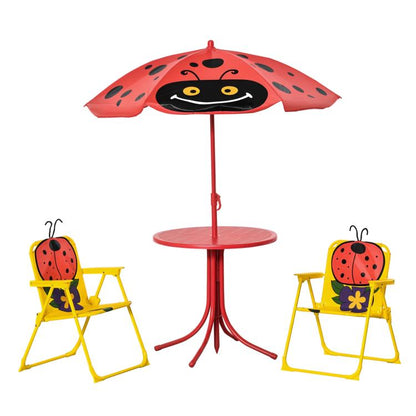 Red ladybug kids table with two yellow folding chairs and matching canopy umbrella