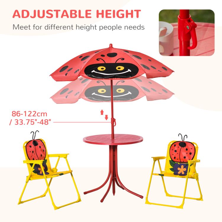 Adjustable-height red ladybug umbrella with round table and two yellow folding chairs