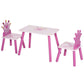 Pink kids table and two chairs set with crown princess designs on seats and tabletop