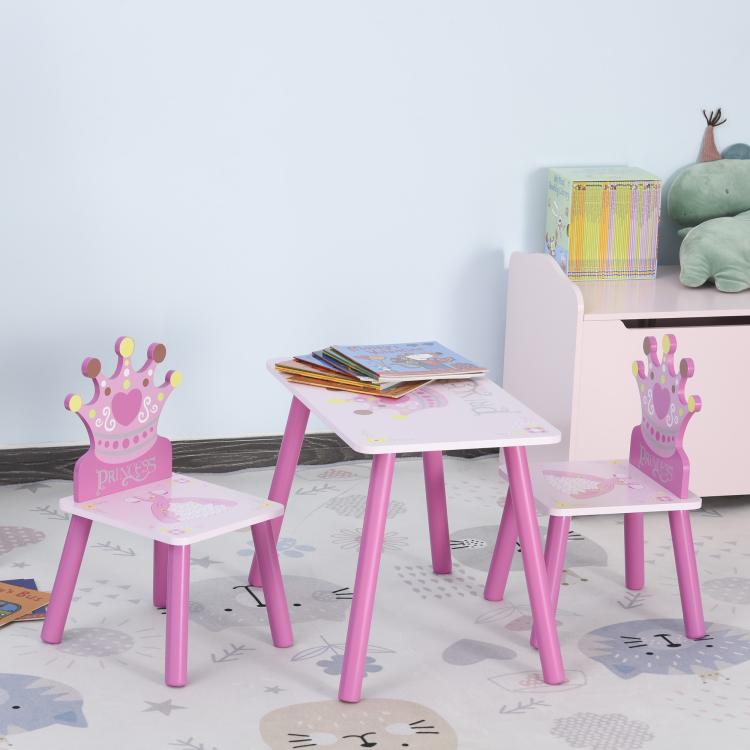 Pink kids table and chairs set with crown princess backs and tabletop print