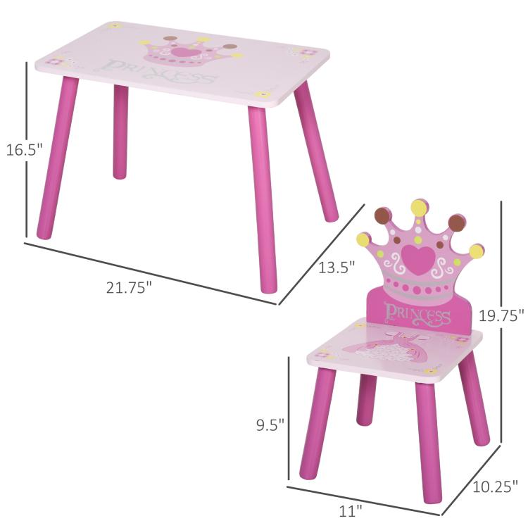 Pink kids wooden table and chair set with crown princess graphics; size diagram