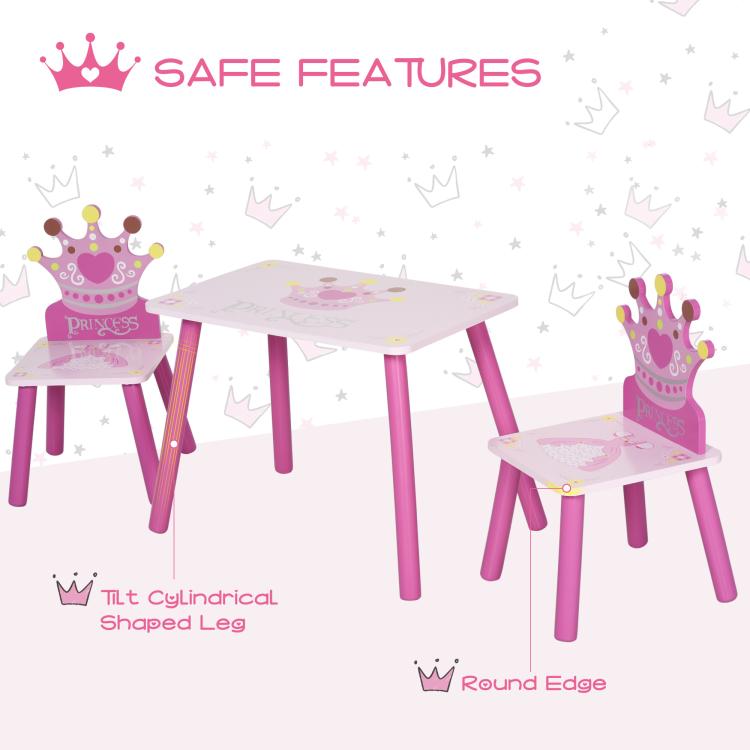 Pink kids table and chair set with crown princess theme and rounded chair edges