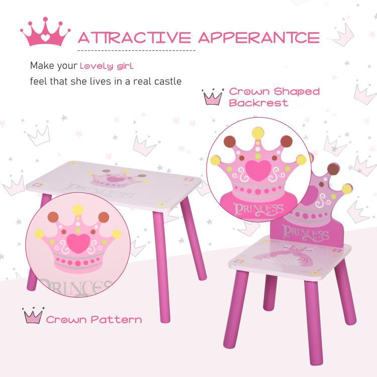 Pink kids table and chair set featuring crown pattern and crown-shaped chair backs