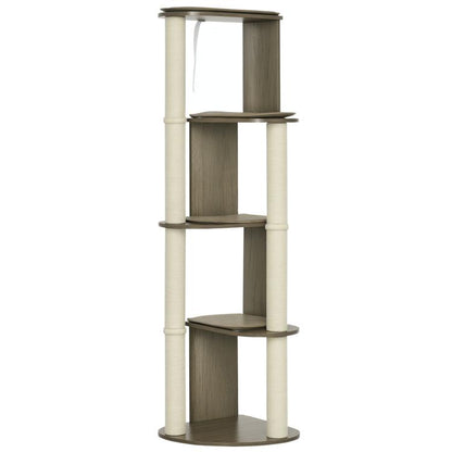 Cream and dark wood cat tree with multiple platforms and tall scratching posts