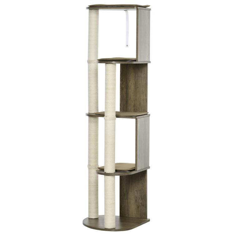 Tall cat tree with cream scratching posts and four dark wood perches