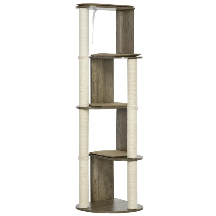 Corner modern cat tree with cream sisal posts and dark wood-style platforms