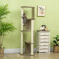 Corner-style cream and dark wood cat tree with multi-level perches; cat standing
