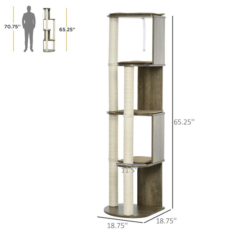 Cat tree size diagram with cream posts and dark wood platforms