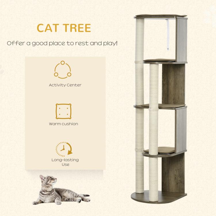 Cat tree feature graphic with tall cream posts and dark wood levels