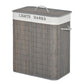 Gray bamboo laundry hamper with lid and side string handle, front view