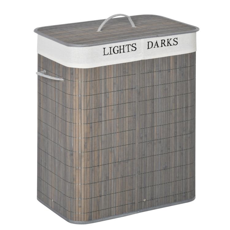 Gray bamboo laundry hamper with lid and top loop string handle