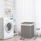 Gray bamboo laundry hamper with lid and handles, with size indicators