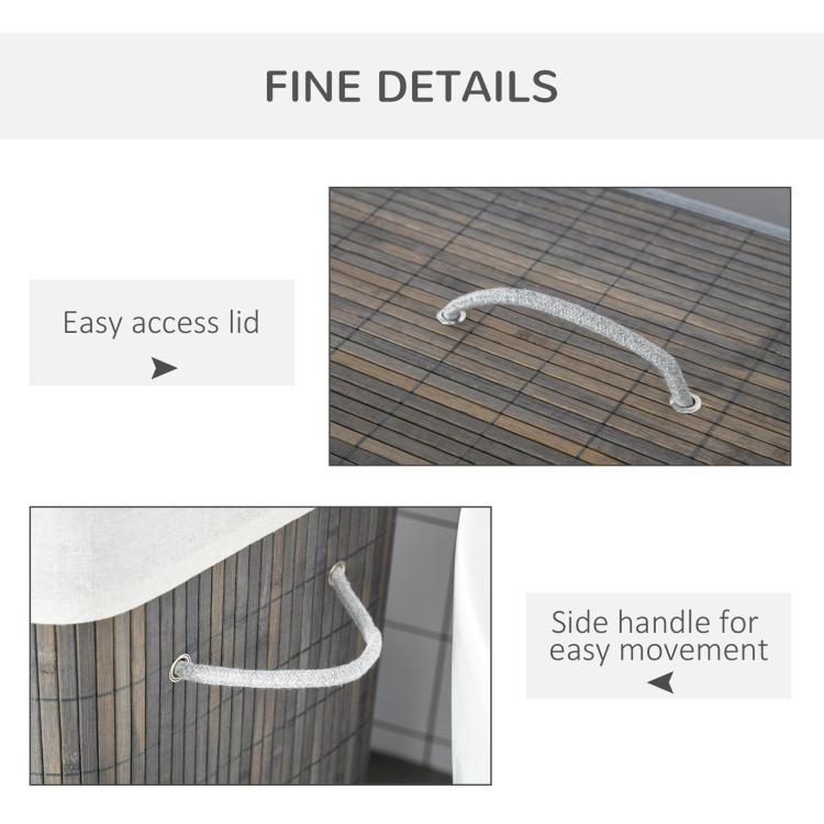 Gray bamboo laundry hamper lid with easy-grip side handle for lifting